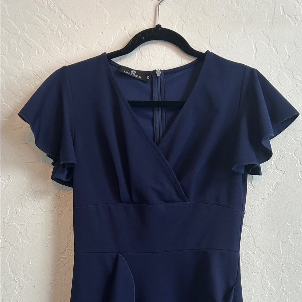 Women’s Size Small Navy Blue midi Length Breathable Slim Fit V-Neck Dress - Picture 6 of 6